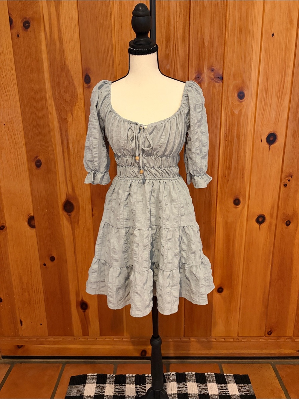 Liberty Love Sage Green Off Shoulder Tiered Mini Dress Boho Cottagecore Size M